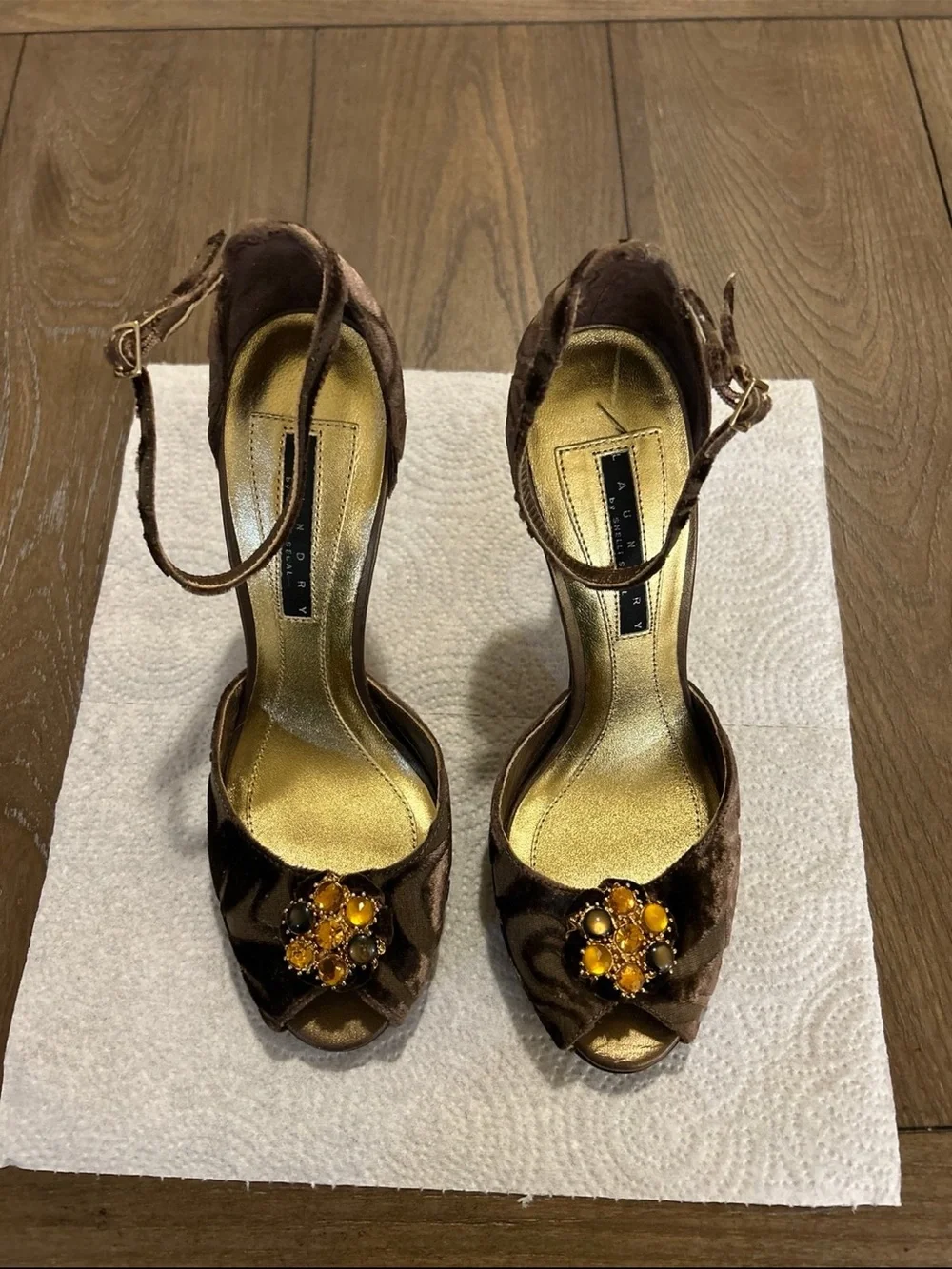Laundry By Shelli Segal Brown Velvet Peep-Toe Heels with Amber Jewel Cluster